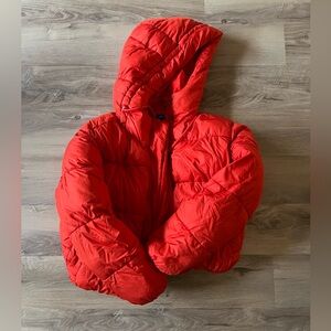 Red cropped puffer coat